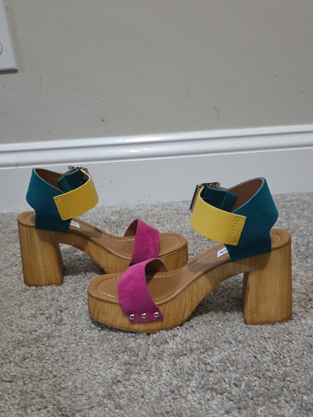 Steve Madden Colada Leather Suede Strappy Sandals Heels Shoes 36 Teal Pink